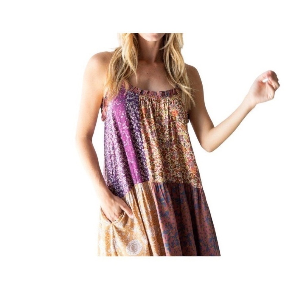 Natural Life Women Patchwork Florean Midi Dress Boho Tiered Flowy Multi L/XL Vtg - Picture 3 of 13